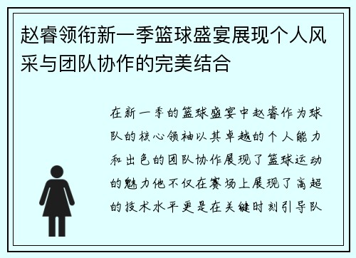 赵睿领衔新一季篮球盛宴展现个人风采与团队协作的完美结合